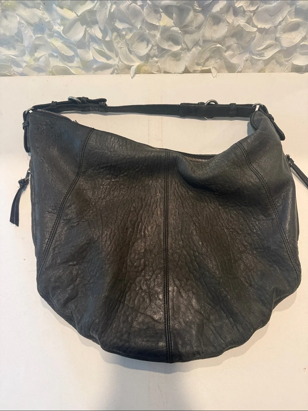 Textured Black Leather Hobo Shoulder Bag